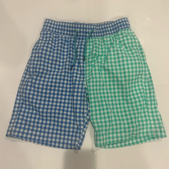 Crewcuts Swim Trunks Boys 12 Lined Gingham Green Blue Beach Ocean - Picture 1 of 12
